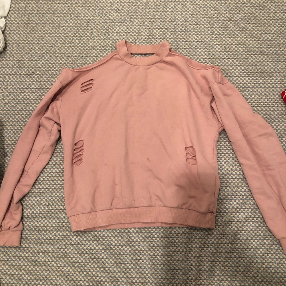 Open shoulder light pink ripped trendy sweatshirt
